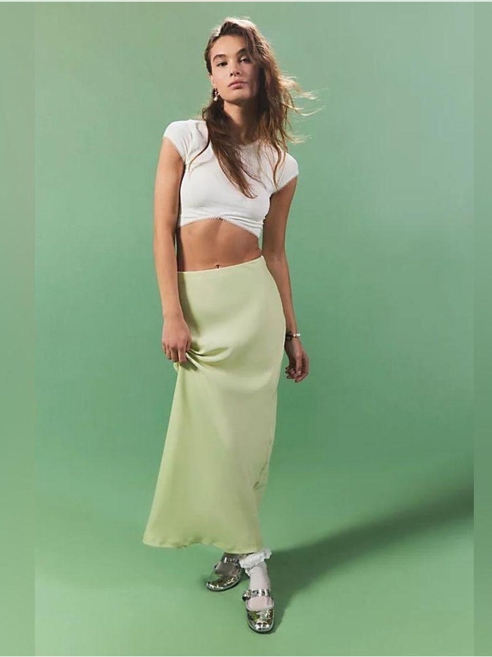 Urban Outfitters Light Green Satin Maxi Skirt